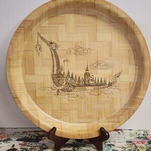 Thai Bamboo Serving Tray Dragon Boat Chiang Mai Thailand Round Platter